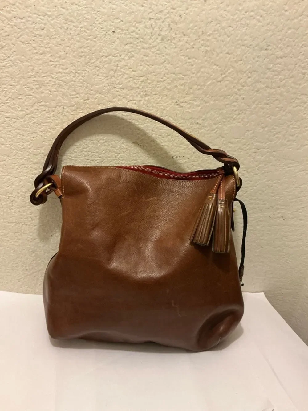 Dooney & Bourke Natural Brown Florentine Leather Hobo with Braided Strap! GUC!!